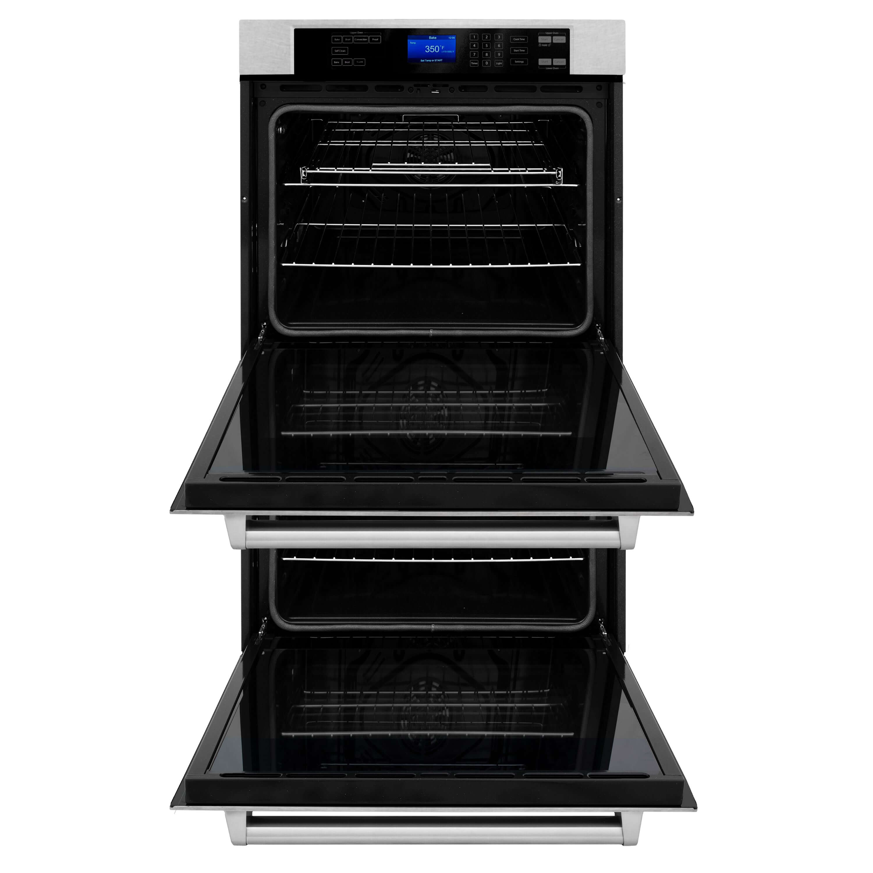 ZLINE 30 in. Professional Electric Double Wall Oven with Self Clean and True Convection in Fingerprint Resistant Stainless Steel (AWDS-30) front, oven open.