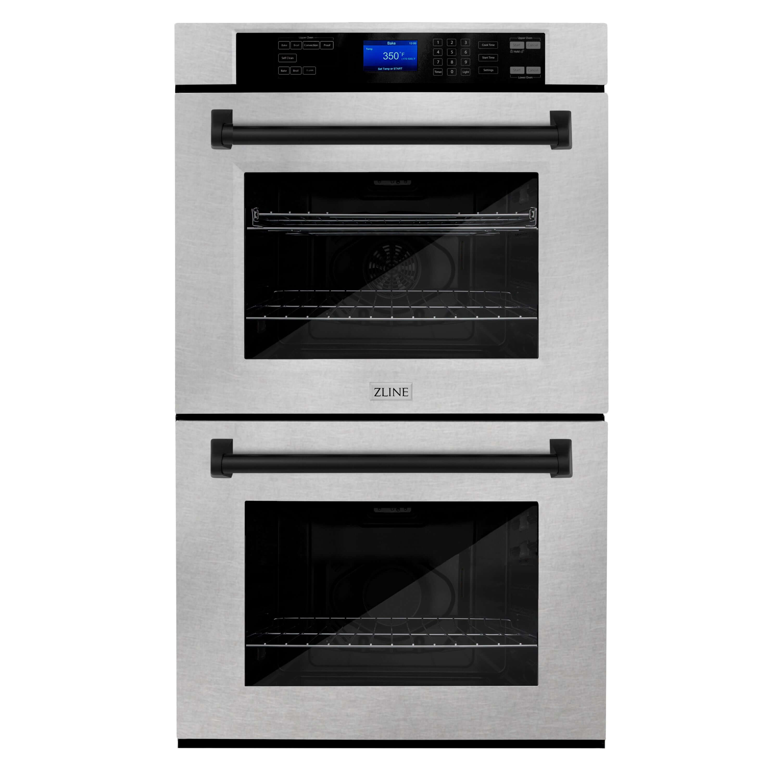 ZLINE Autograph Edition 30 in. Electric Double Wall Oven with Self Clean and True Convection in DuraSnow Stainless Steel and Matte Black Accents (AWDSZ-30-MB) front, oven closed.