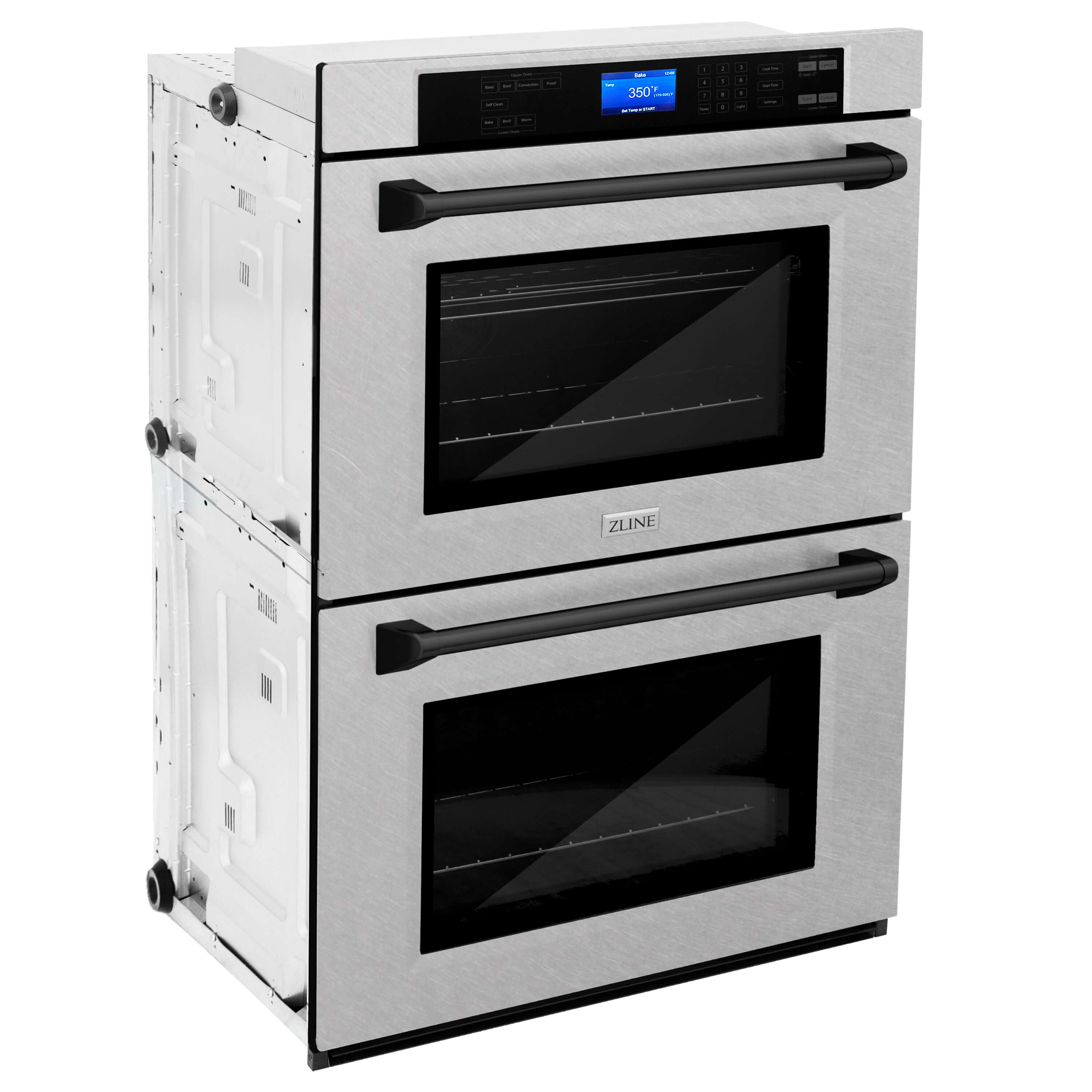 ZLINE Autograph Edition 30 in. Electric Double Wall Oven with Self Clean and True Convection in DuraSnow Stainless Steel and Matte Black Accents (AWDSZ-30-MB) side, oven closed.
