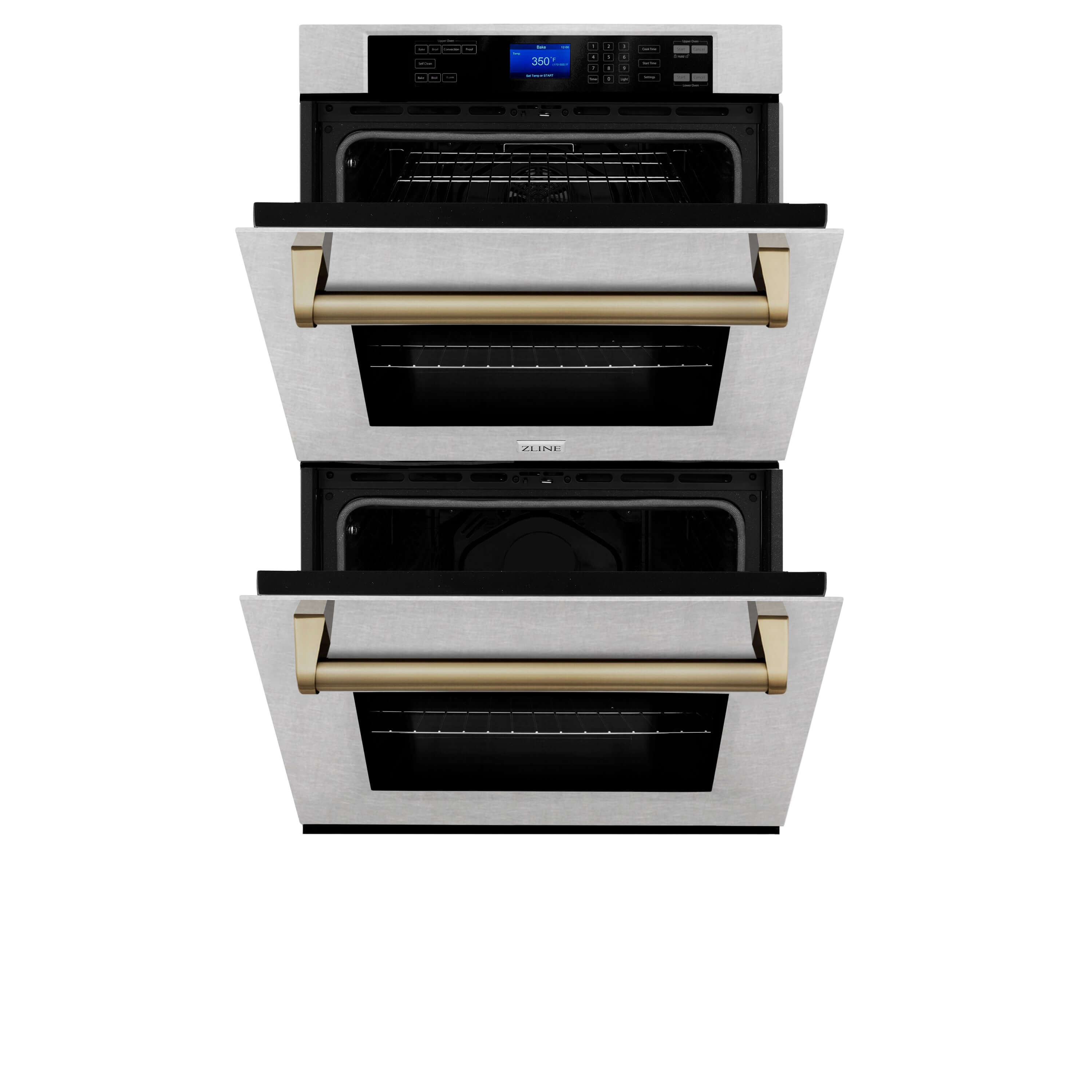 ZLINE Autograph Edition 30 in. Electric Double Wall Oven with Self Clean and True Convection in DuraSnow® Stainless Steel and Champagne Bronze Accents (AWDSZ-30-CB) front, oven half open.