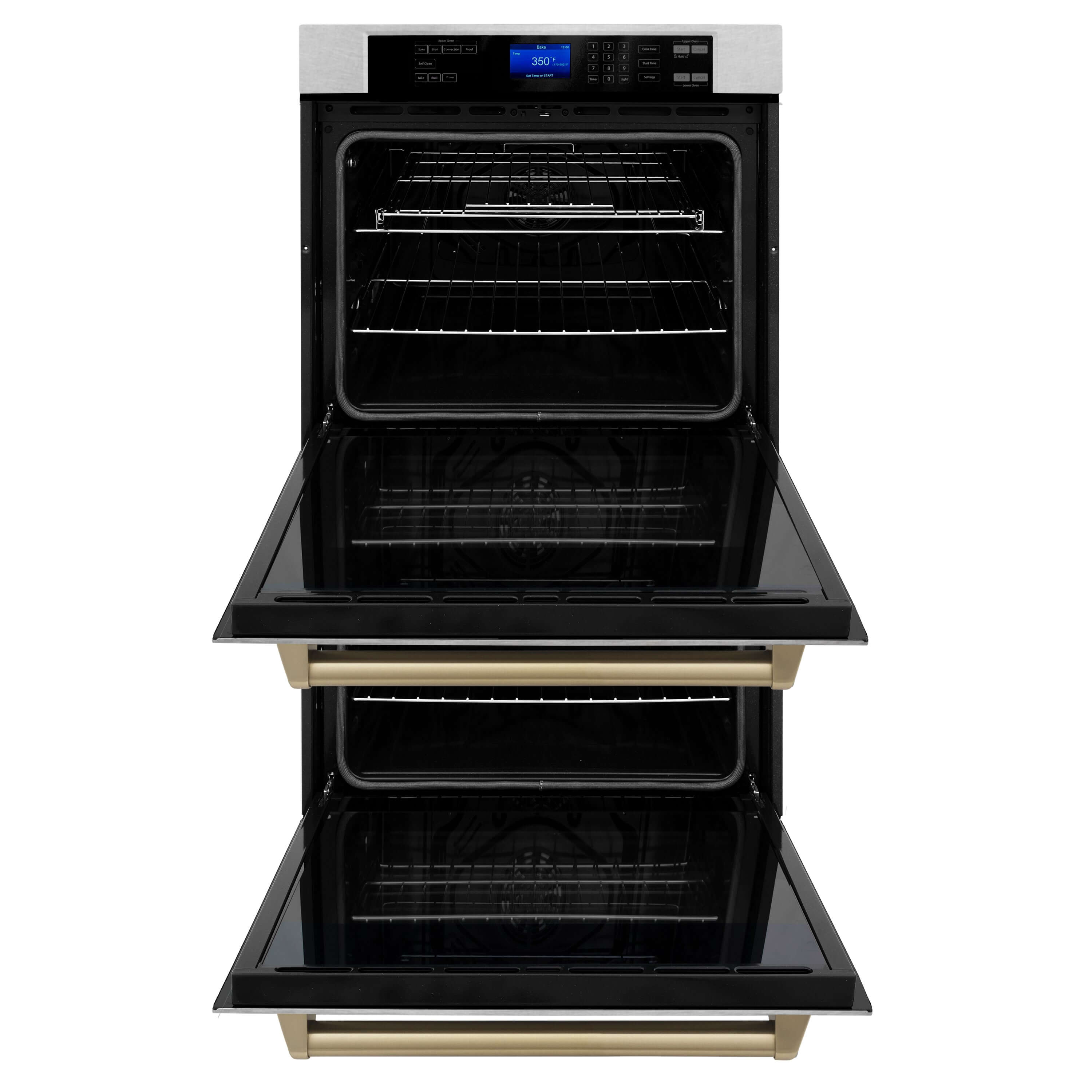 ZLINE Autograph Edition 30 in. Electric Double Wall Oven with Self Clean and True Convection in DuraSnow® Stainless Steel and Champagne Bronze Accents (AWDSZ-30-CB) front, oven open.