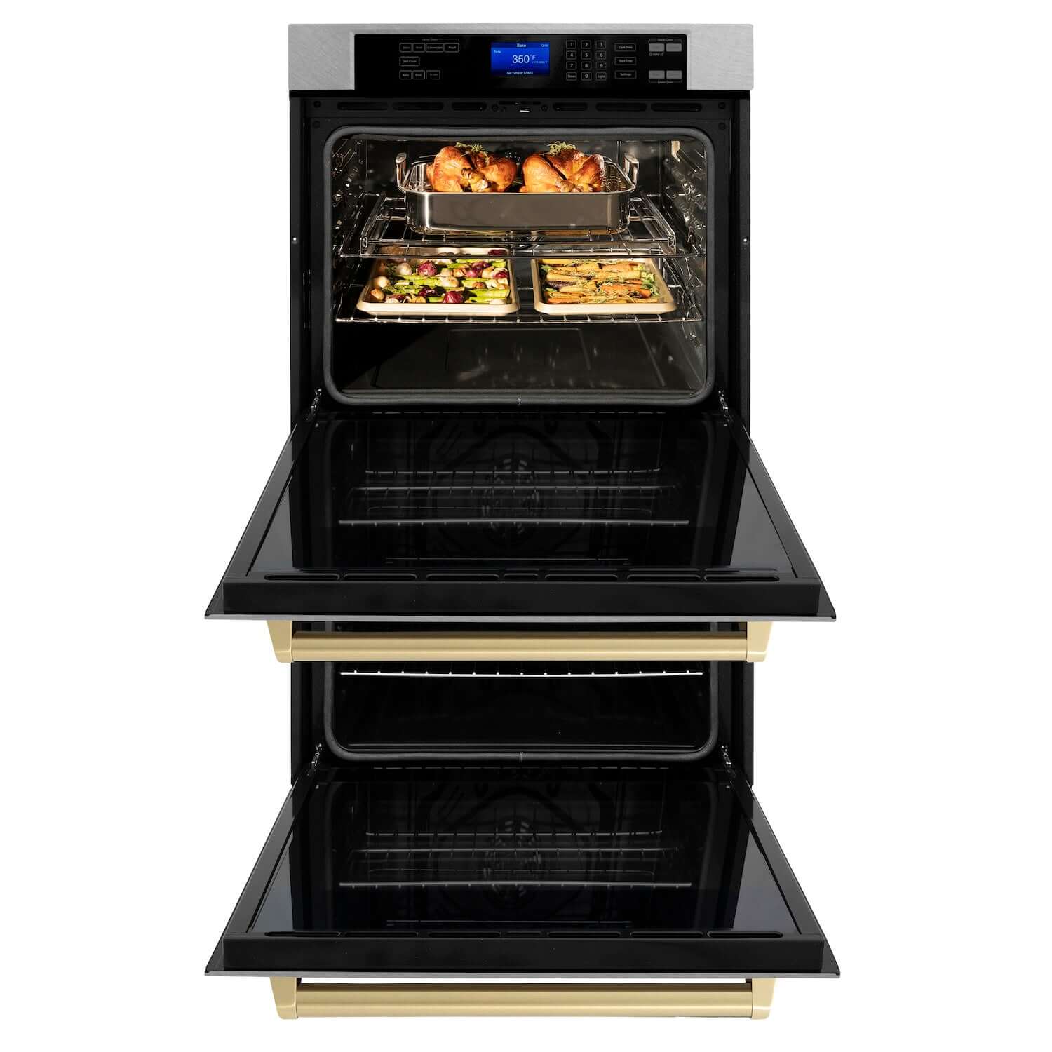 ZLINE Autograph Edition 30 in. Electric Double Wall Oven with Self Clean and True Convection in DuraSnow® Stainless Steel and Champagne Bronze Accents (AWDSZ-30-CB) front, oven open.