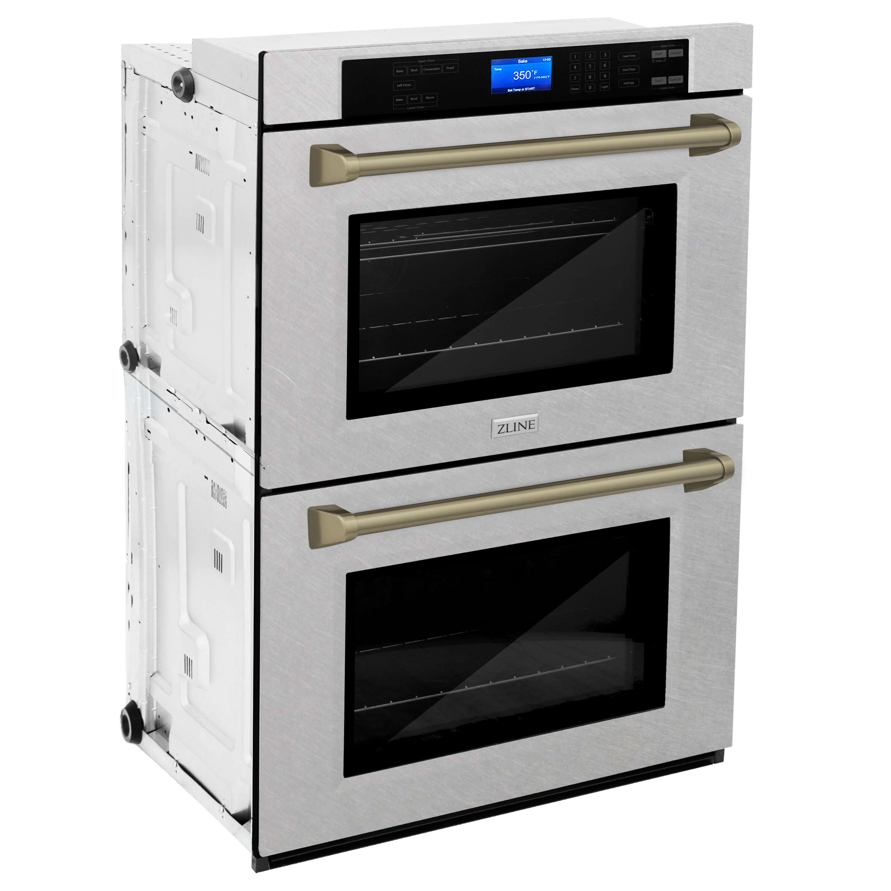 ZLINE Autograph Edition 30 in. Electric Double Wall Oven with Self Clean and True Convection in DuraSnow® Stainless Steel and Champagne Bronze Accents (AWDSZ-30-CB) side, oven closed.