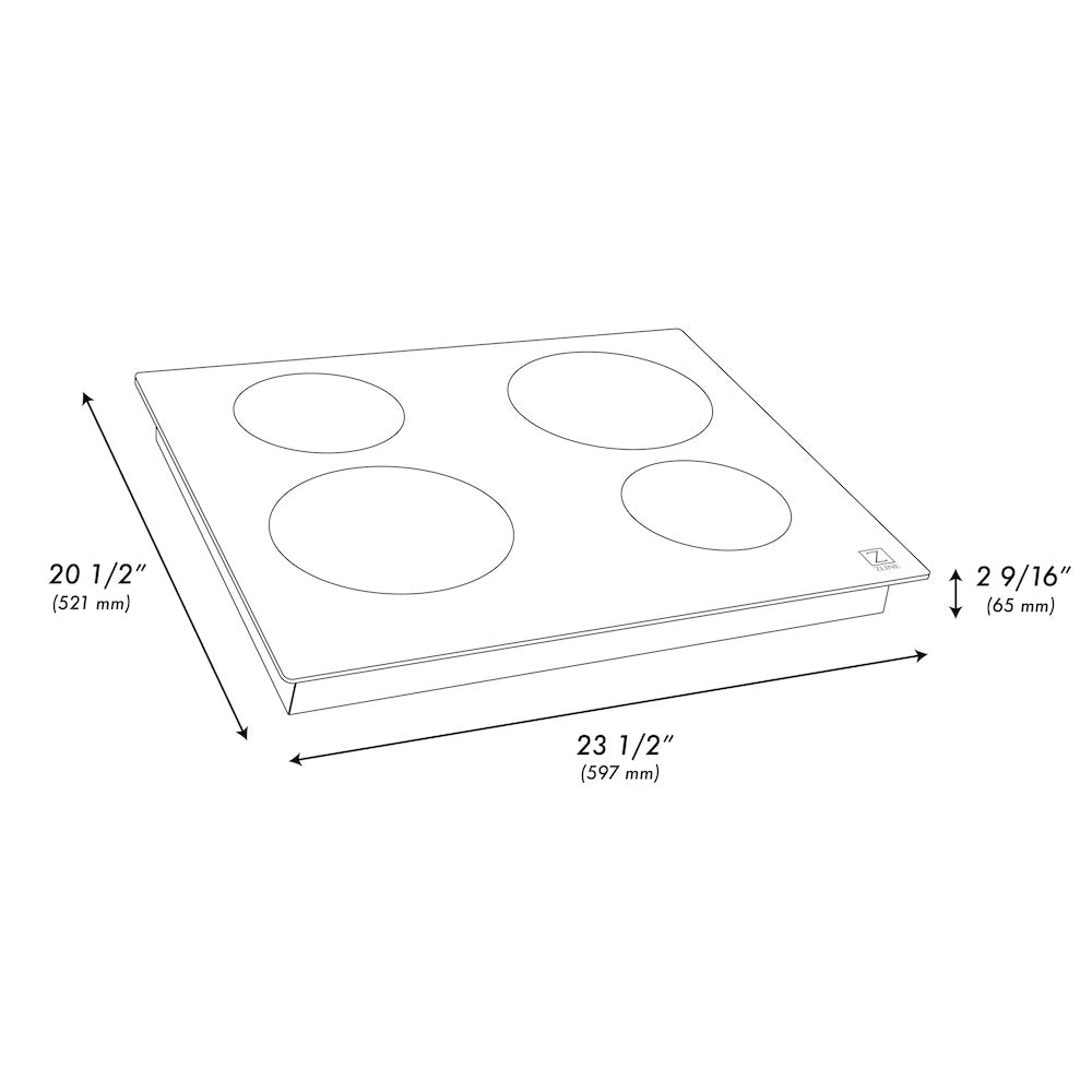 ZLINE 24 in. Induction Cooktop with 4 burners (RCIND-24) dimensional diagram with measurements.
