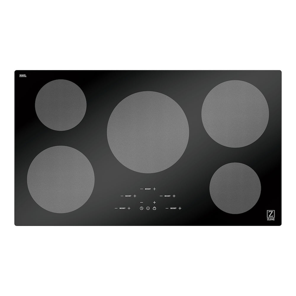 ZLINE 36 in. Induction Cooktop with 5 burners (RCIND-36) from above, showing cooking surface.