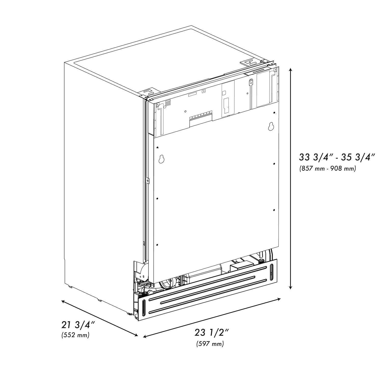 ZLINE 24" DWV-24 Tallac Dishwasher dimensional diagram.