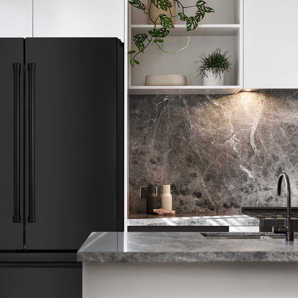 ZLINE 36 in. Freestanding French Door Refrigerator with Ice Maker in Black Stainless Steel (RFM-36-BS) in a white luxury kitchen with white marble counters from front.