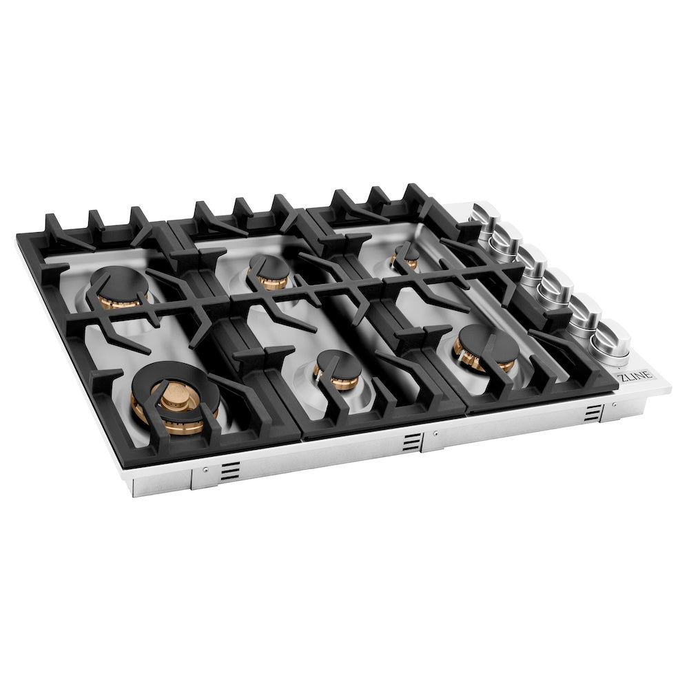 ZLINE 36 in. Gas Cooktop with 6 Gas Brass Burners (RC-BR-36) side, main.