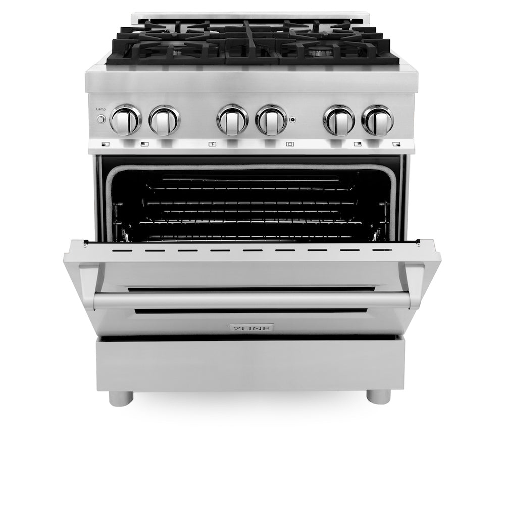 ZLINE 30 in. 4.0 cu. ft. Dual Fuel Range with Gas Stove and Electric Oven in Stainless Steel (RA30) front, oven half open.