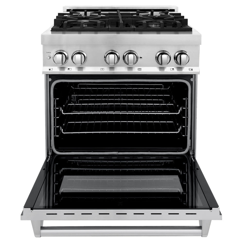 ZLINE 30 in. 4.0 cu. ft. Dual Fuel Range with Gas Stove and Electric Oven in Stainless Steel (RA30) front, oven open.