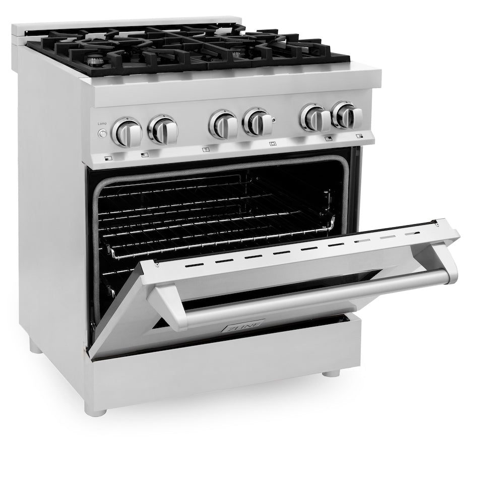 ZLINE 30 in. 4.0 cu. ft. Dual Fuel Range with Gas Stove and Electric Oven in Stainless Steel (RA30) side, oven half open.