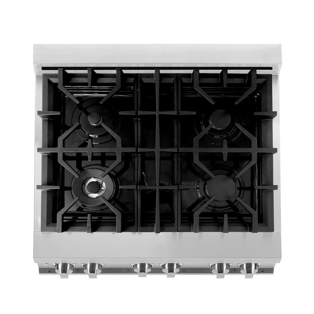 ZLINE 30 in. 4.0 cu. ft. Dual Fuel Range with Gas Stove and Electric Oven in Stainless Steel (RA30) from above showing cooktop.