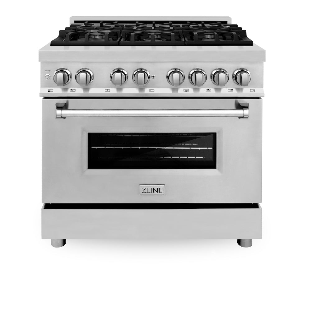 ZLINE 36 in. Dual Fuel Range with Gas Stove and Electric Oven in Stainless Steel (RA36) front, direct angle