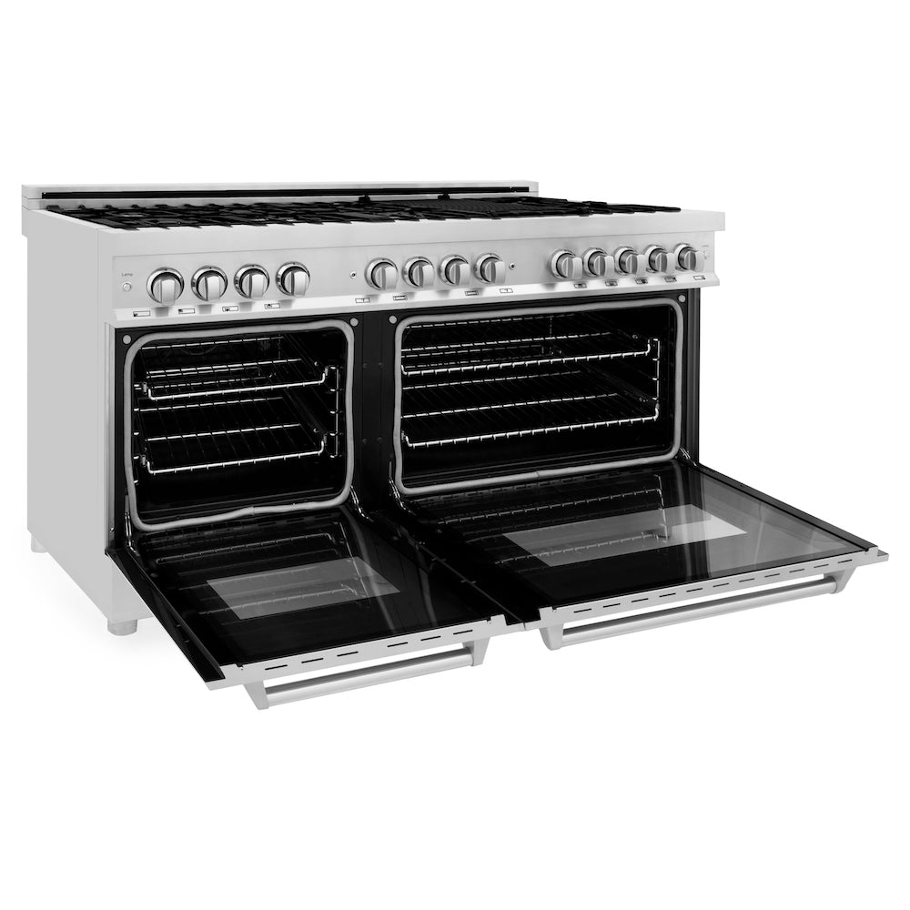 ZLINE 60 in. 7.4 cu. ft. Dual Fuel Range with Gas Stove and Electric Oven in Stainless Steel (RA60) side, oven open.