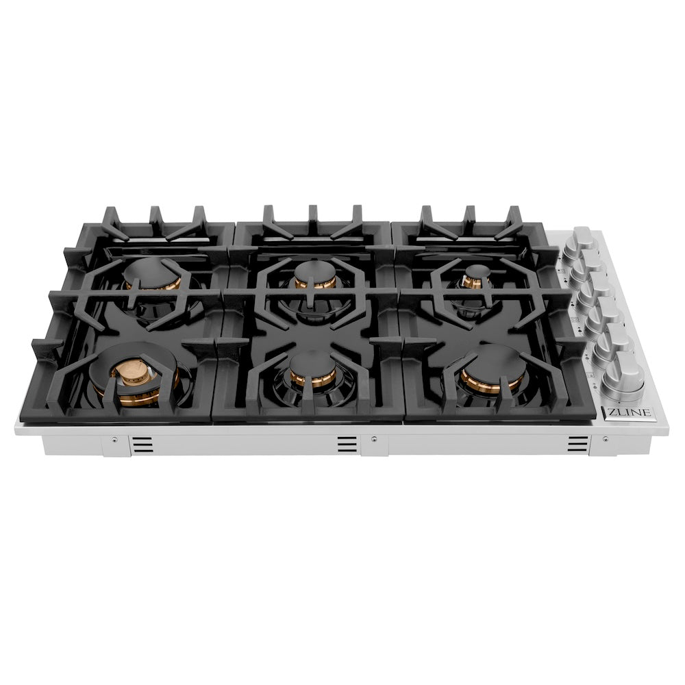 ZLINE 36 in. Gas Cooktop with 6 Gas Brass Burners and Black Porcelain Top (RC-BR-36-PBT)