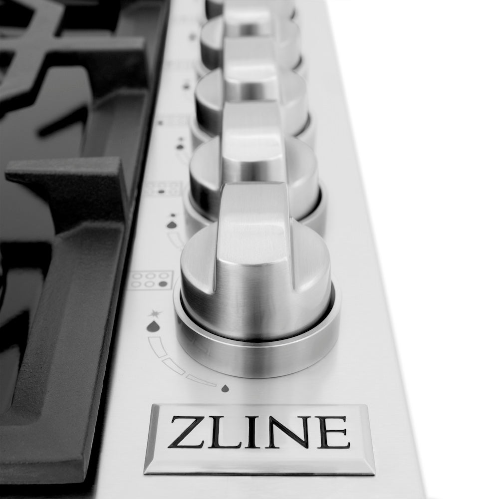 ZLINE 36 in. Gas Cooktop with 6 Gas Burners and Black Porcelain Top (RC36-PBT) close-up, knobs.