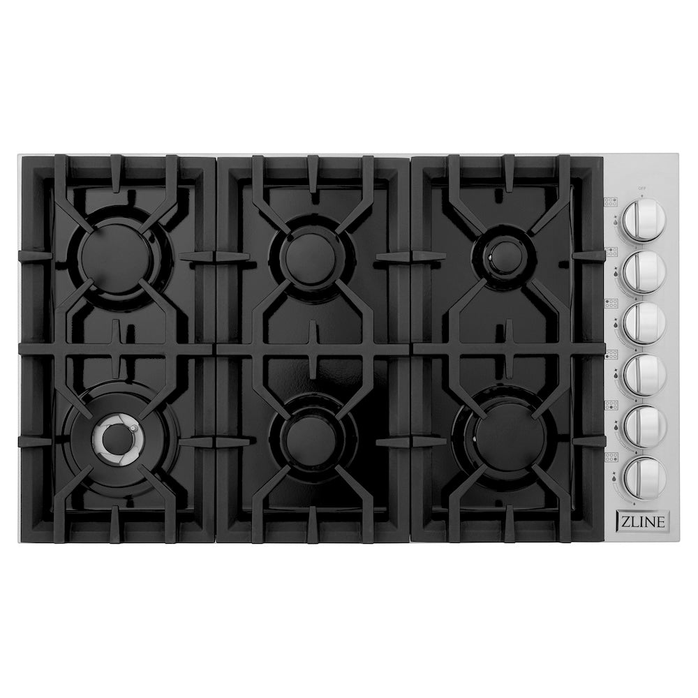 ZLINE 36 in. Gas Cooktop with 6 Gas Burners and Black Porcelain Top (RC36-PBT) from above, showing cooking surface.