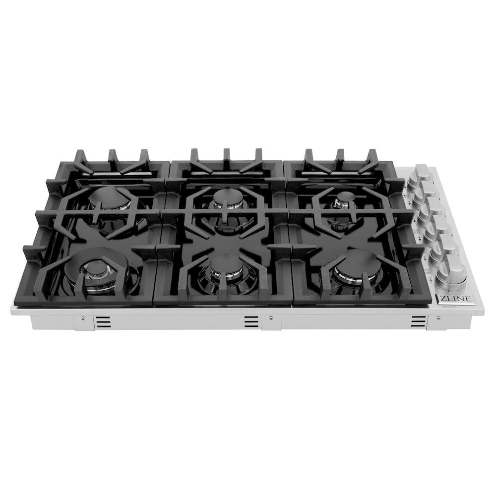 ZLINE 36 in. Gas Cooktop with 6 Gas Burners and Black Porcelain Top (RC36-PBT) front, top.