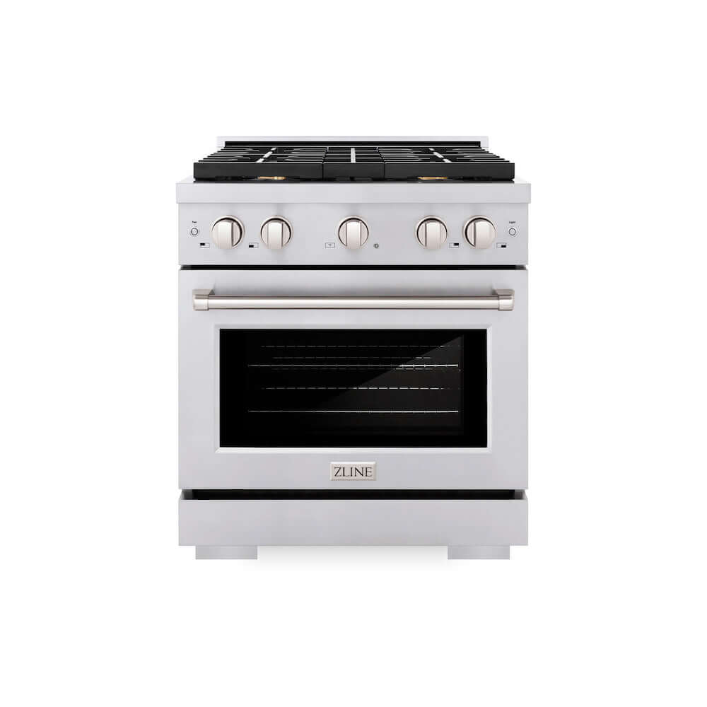 ZLINE 30 in. 4.2 cu. ft. Gas Range with Convection Gas Oven in Stainless Steel with 4 Brass Burners (SGR-BR-30) front, oven closed.
