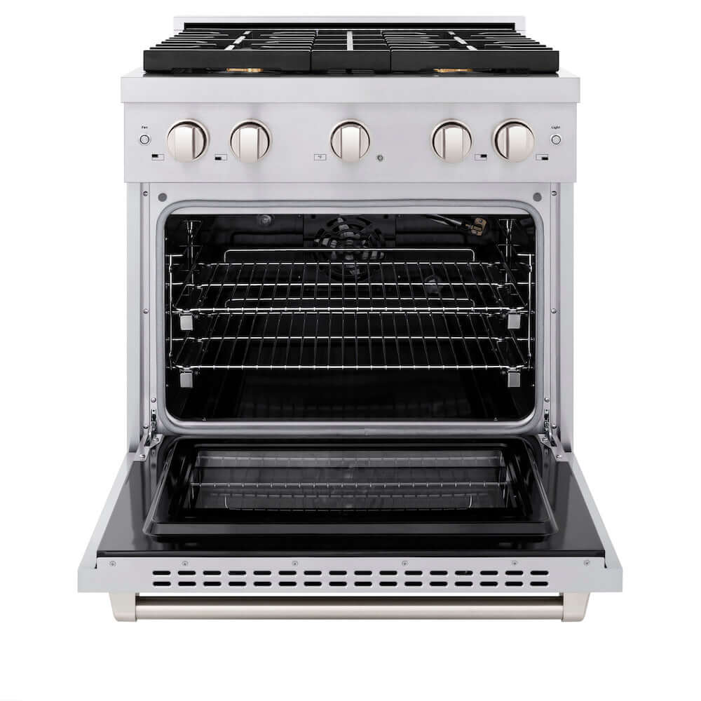 ZLINE 30 in. 4.2 cu. ft. Gas Range with Convection Gas Oven in Stainless Steel with 4 Brass Burners (SGR-BR-30) front, oven open.