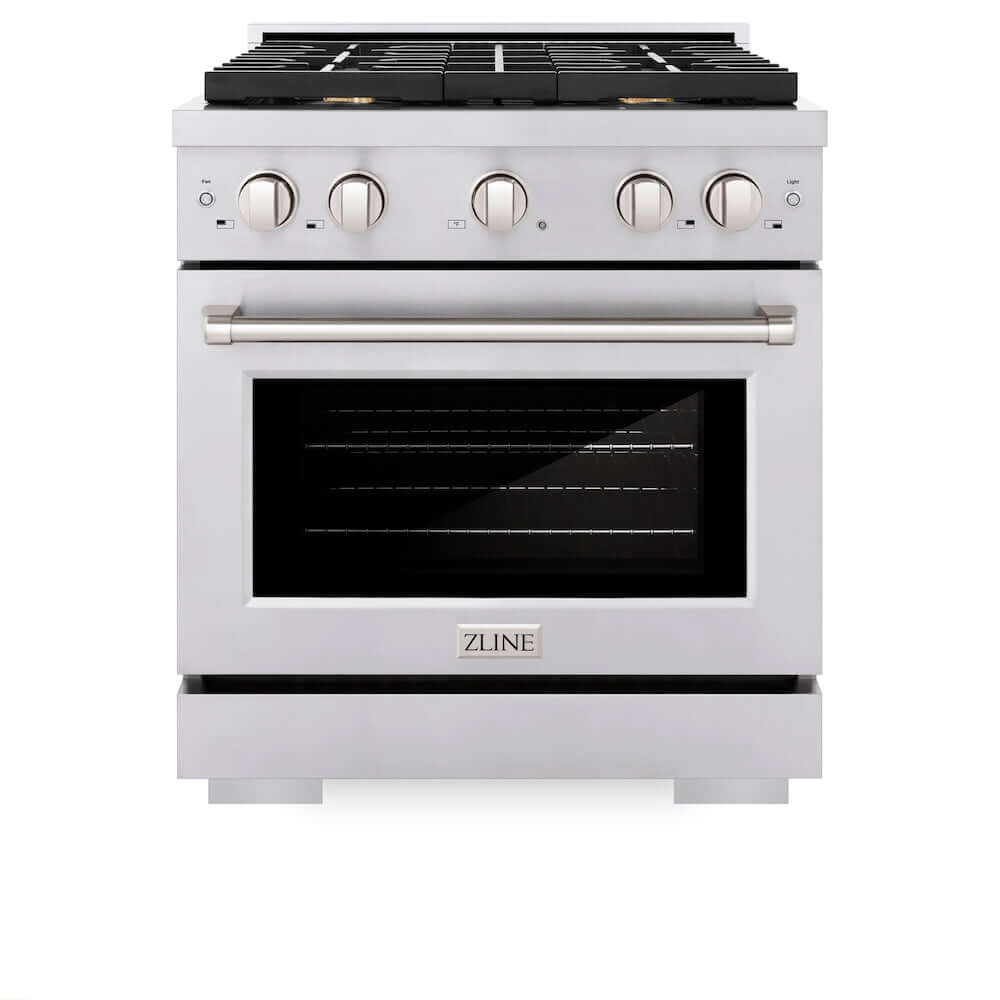 ZLINE 30 in. 4.2 cu. ft. Gas Range with Convection Gas Oven in Stainless Steel with 4 Brass Burners (SGR-BR-30) front, oven closed.