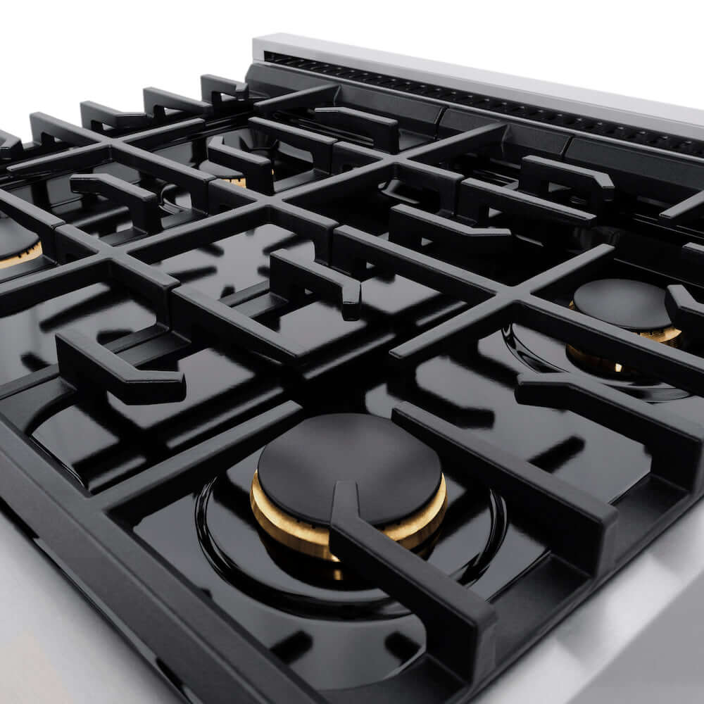 ZLINE 30" Gas Range with Brass Burners close up cooktop and cast iron grates.