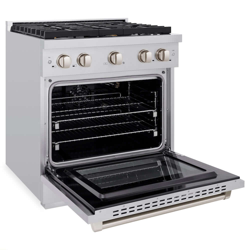 ZLINE 30 in. 4.2 cu. ft. Gas Range with Convection Gas Oven in Stainless Steel with 4 Brass Burners (SGR-BR-30) side, oven open.