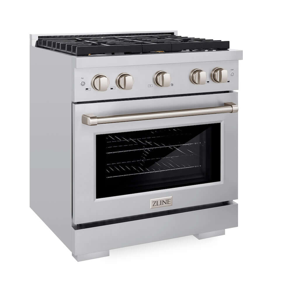 ZLINE 30 in. 4.2 cu. ft. Gas Range with Convection Gas Oven in Stainless Steel with 4 Brass Burners (SGR-BR-30) side, oven closed.