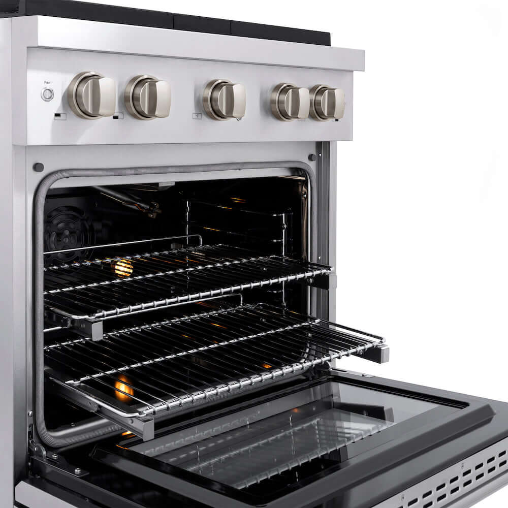 ZLINE 30" Gas Range with Brass Burners close up telescoping oven racks from side.