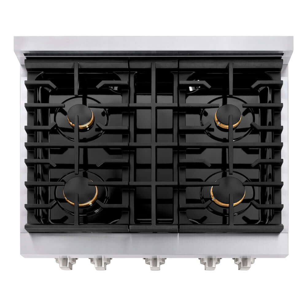 ZLINE 30 in. 4.2 cu. ft. Gas Range with Convection Gas Oven in Stainless Steel with 4 Brass Burners (SGR-BR-30) from above, showing gas burners, black porcelain cooktop, and cast-iron grates.