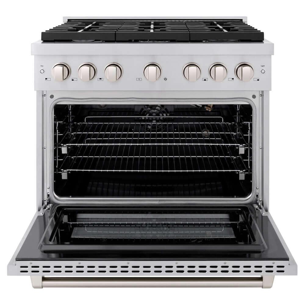 ZLINE 36 in. 5.2 cu. ft. Gas Range with Convection Gas Oven in Stainless Steel with 6 Brass Burners (SGR-BR-36) front, oven open.