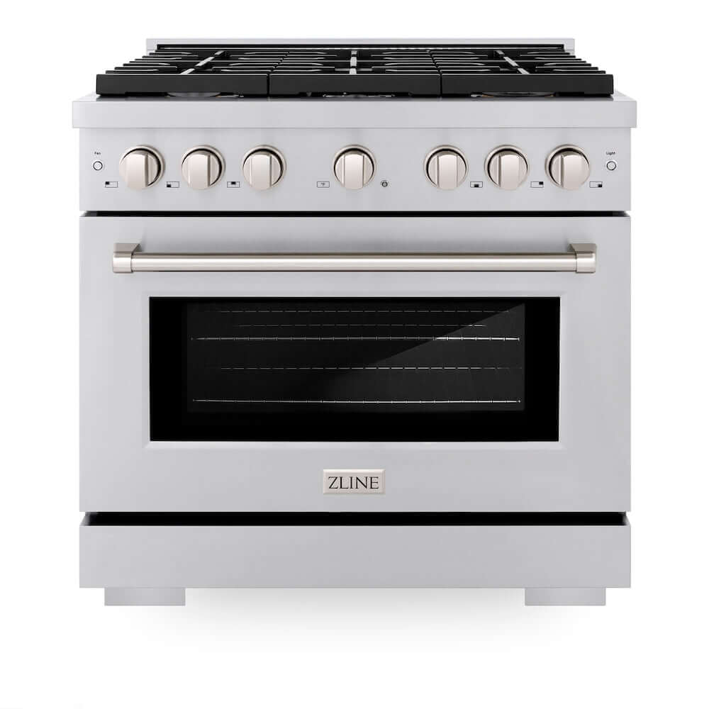 ZLINE 36 in. 5.2 cu. ft. Gas Range with Convection Gas Oven in Stainless Steel with 6 Brass Burners (SGR-BR-36) front, oven closed.