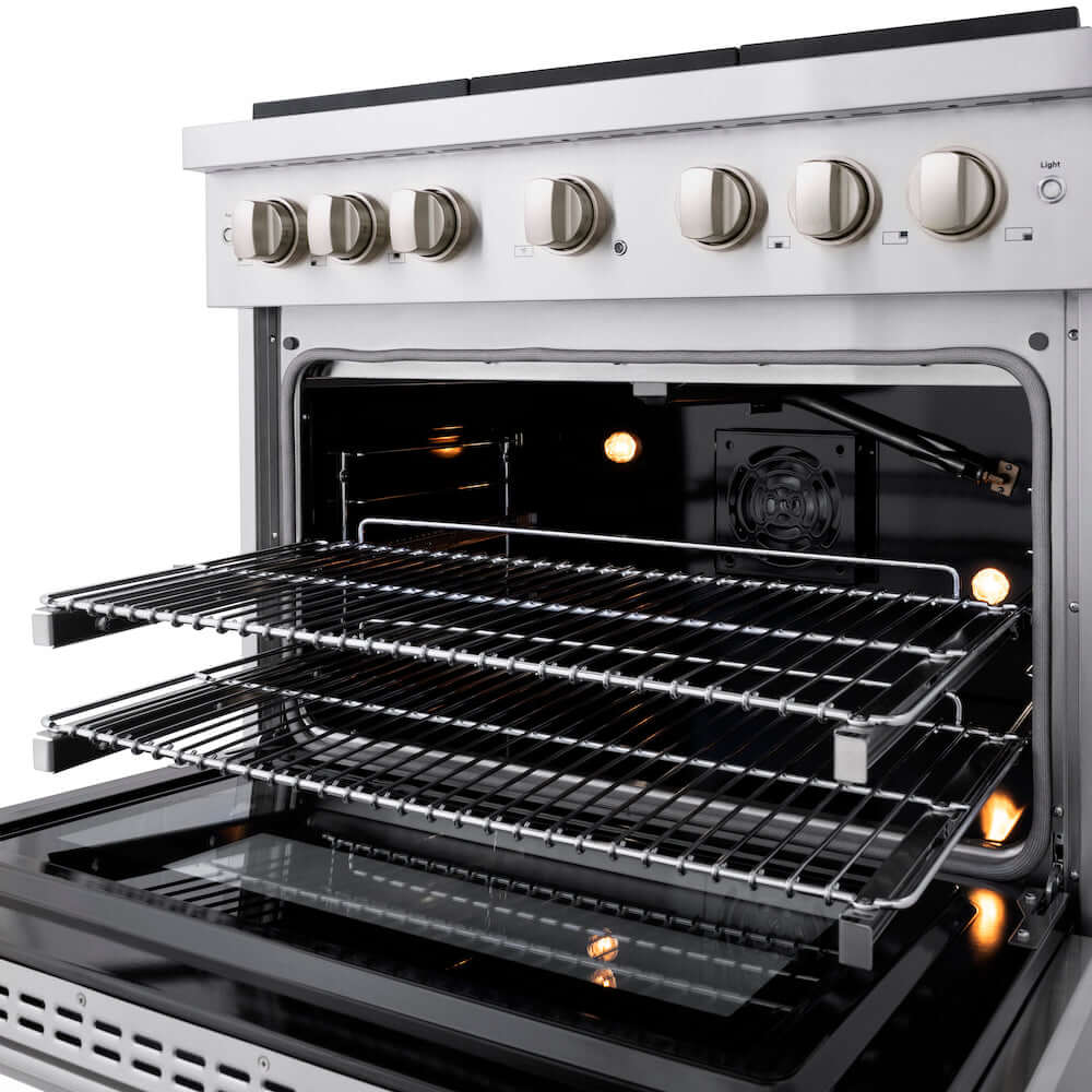 ZLINE 36 in. 5.2 cu. ft. Gas Range with Convection Gas Oven in Stainless Steel with 6 Brass Burners (SGR-BR-36) front, oven open with racks extended and lighting activated.