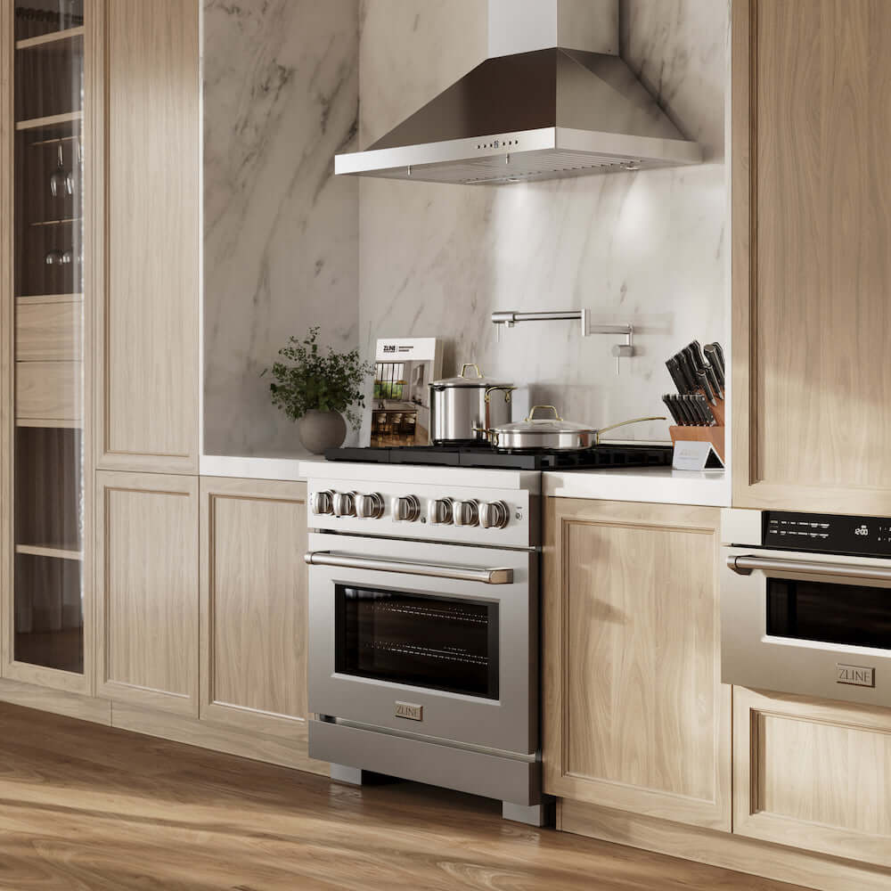 ZLINE 36" Gas Range with Brass Burners in a luxury farmhouse-style kitchen from side.