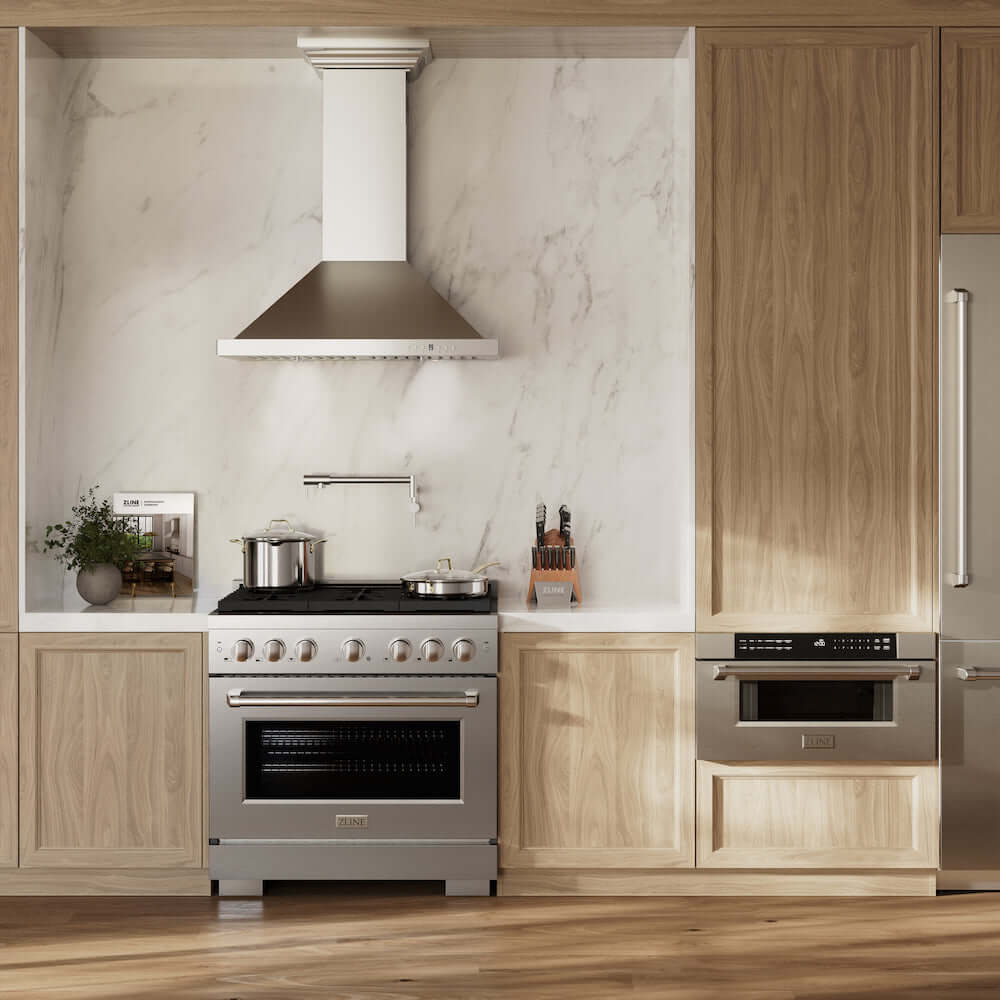 ZLINE 36" Gas Range with Brass Burners in a luxury farmhouse-style kitchen.
