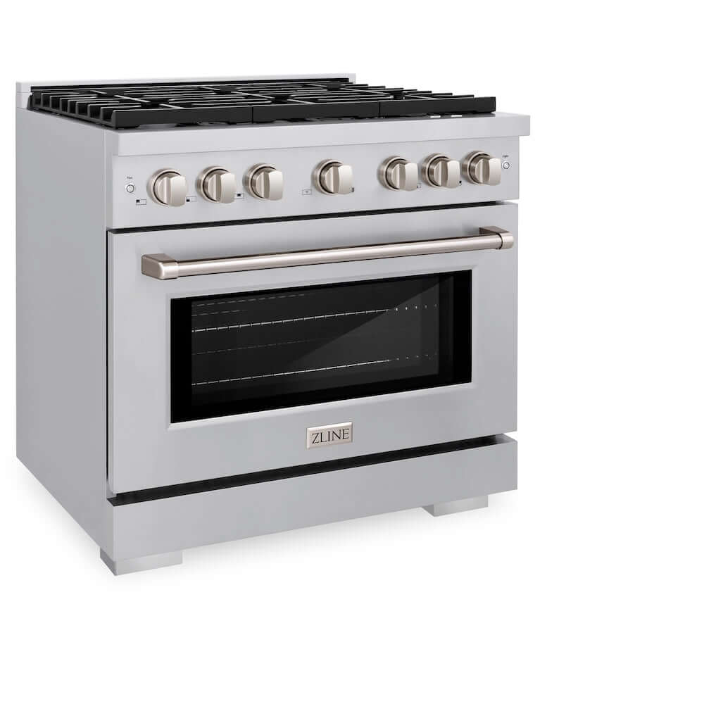 ZLINE 36 in. 5.2 cu. ft. Gas Range with Convection Gas Oven in Stainless Steel with 6 Brass Burners (SGR-BR-36) side, oven closed.