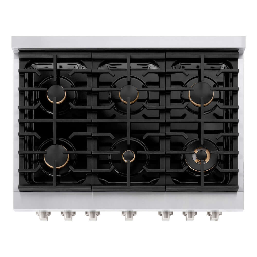 ZLINE 36 in. 5.2 cu. ft. Gas Range with Convection Gas Oven in Stainless Steel with 6 Brass Burners (SGR-BR-36) from above, showing gas burners, black porcelain cooktop, and cast-iron grates.