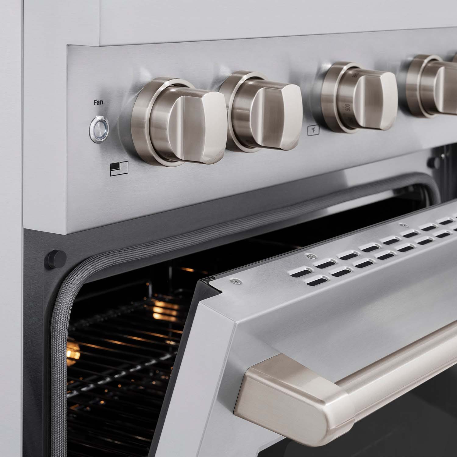 ZLINE 30" Stainless Steel Gas Range oven and cooktop knobs above oven door.