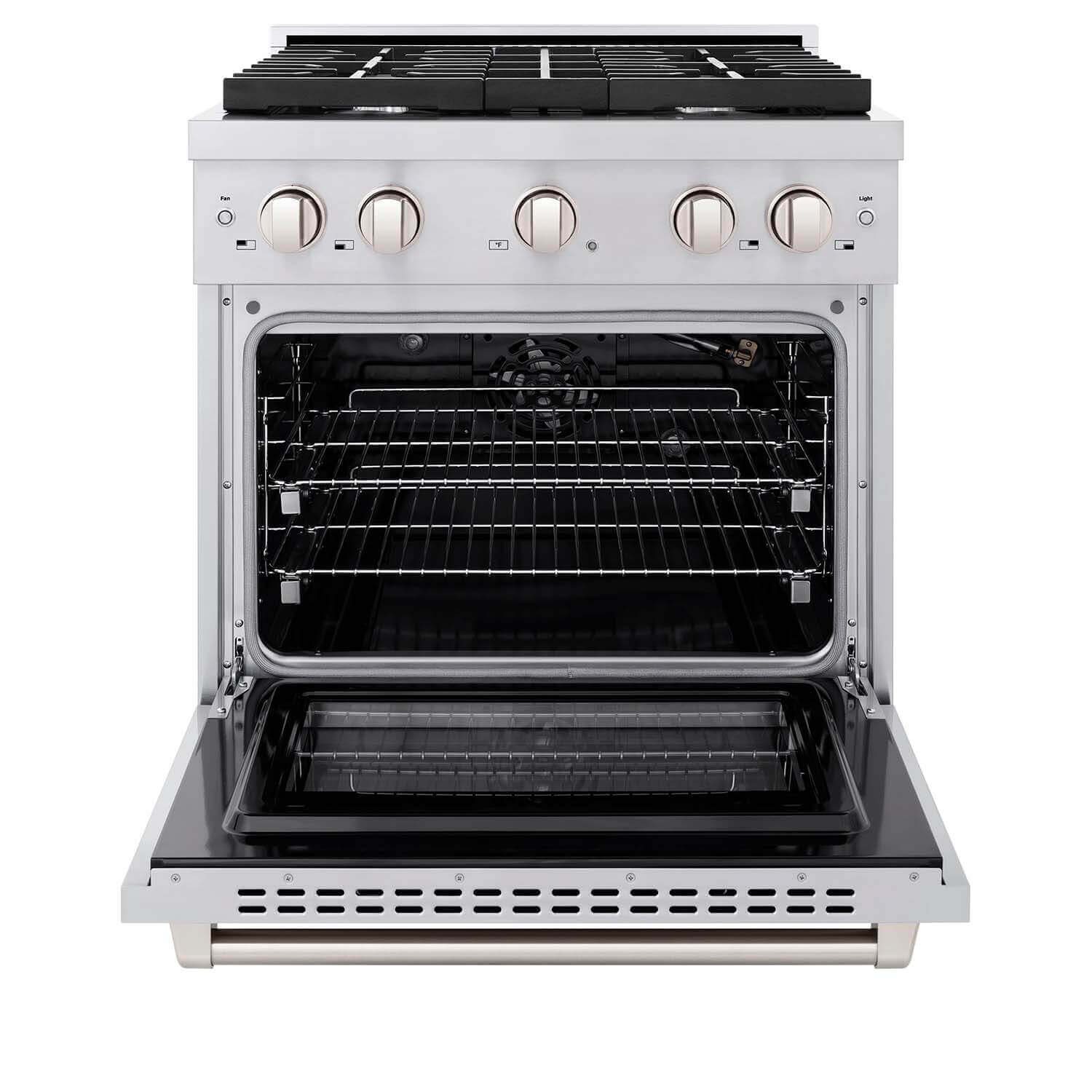 ZLINE 30 in. 4.2 cu. ft. 4 Burner Gas Range with Convection Gas Oven in Stainless Steel (SGR30) front, oven open.