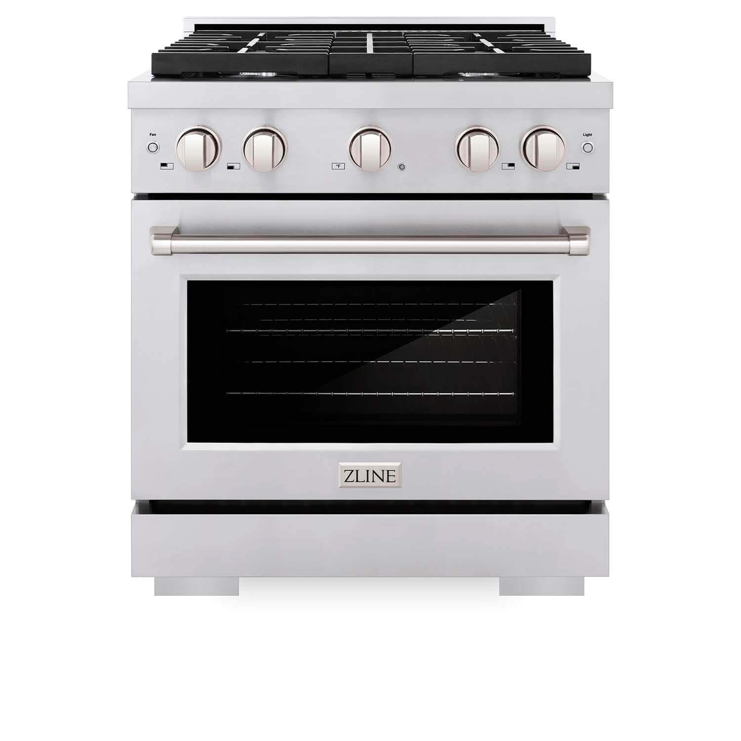ZLINE 30 in. 4.2 cu. ft. 4 Burner Gas Range with Convection Gas Oven in Stainless Steel (SGR30) front, oven closed.
