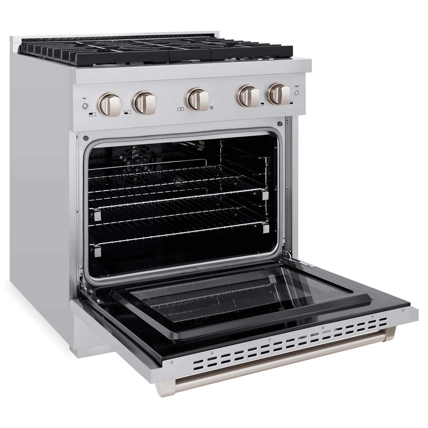 ZLINE 30 in. 4.2 cu. ft. 4 Burner Gas Range with Convection Gas Oven in Stainless Steel (SGR30) side, oven open.