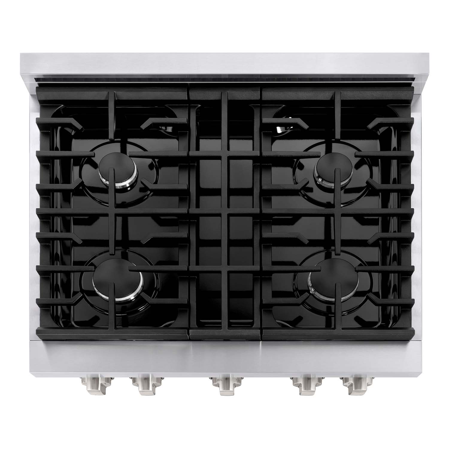 ZLINE 30 in. 4.2 cu. ft. 4 Burner Gas Range with Convection Gas Oven in Stainless Steel (SGR30) from above, showing gas burners, black porcelain cooktop, and cast-iron grates.