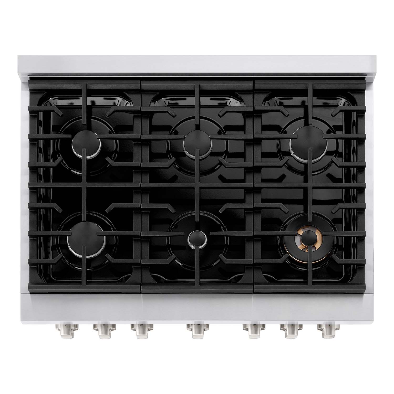 ZLINE 36 in. 5.2 cu. ft. 6 Burner Gas Range with Convection Gas Oven in Stainless Steel (SGR36) from above showing cooktop.