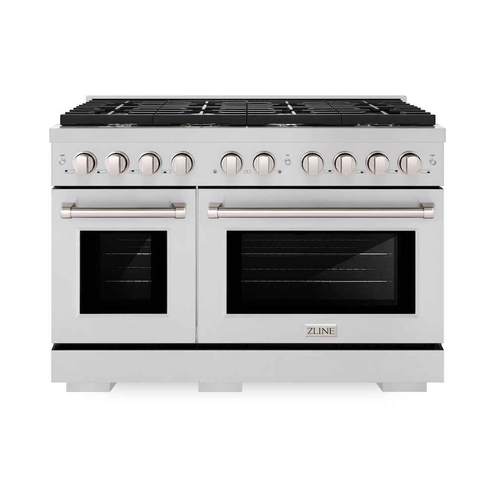 ZLINE 48 in. 6.7 cu. ft. 8 Burner Double Oven Gas Range in Stainless Steel (SGR48) front, oven closed.