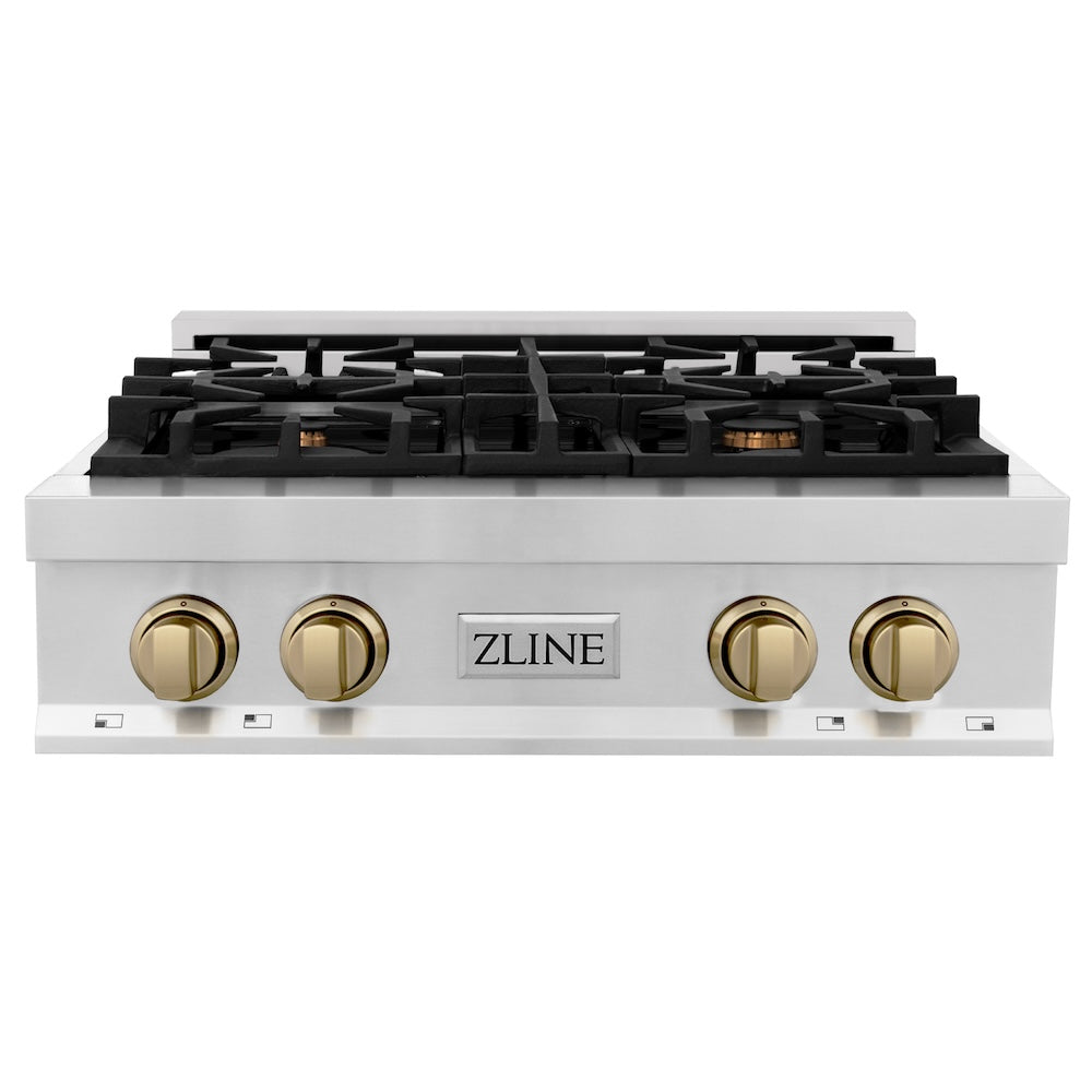 ZLINE Autograph Edition 30 in. Porcelain Rangetop with 4 Gas Burners in Stainless Steel and Champagne Bronze Accents (RTZ-30-CB) front.