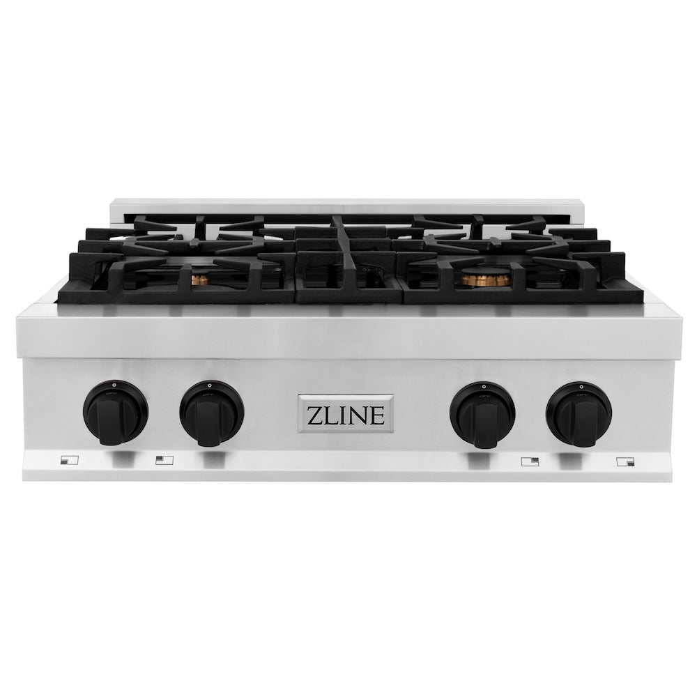 ZLINE Autograph Edition 30 in. Porcelain Rangetop with 4 Gas Burners in Stainless Steel and Matte Black Accents (RTZ-30-MB) front.