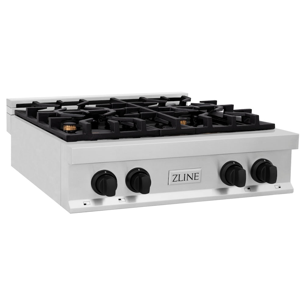 ZLINE Autograph Edition 30 in. Porcelain Rangetop with 4 Gas Burners in Stainless Steel and Matte Black Accents (RTZ-30-MB) side, main.