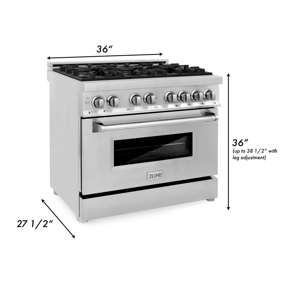 ZLINE 36 in. Kitchen Package with Stainless Steel Dual Fuel Range, Range Hood, Microwave Drawer and Tall Tub Dishwasher (4KP-RARH36-MWDWV) dimensional diagram with measurements.