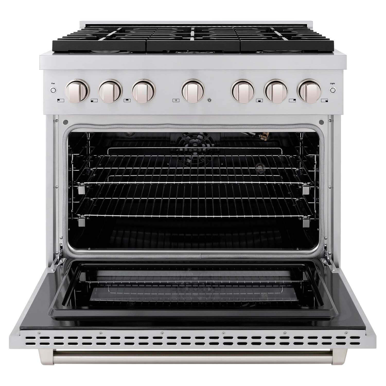 ZLINE 36 in. 5.2 cu. ft. 6 Burner Gas Range with Convection Gas Oven in Stainless Steel (SGR36) front, oven open.