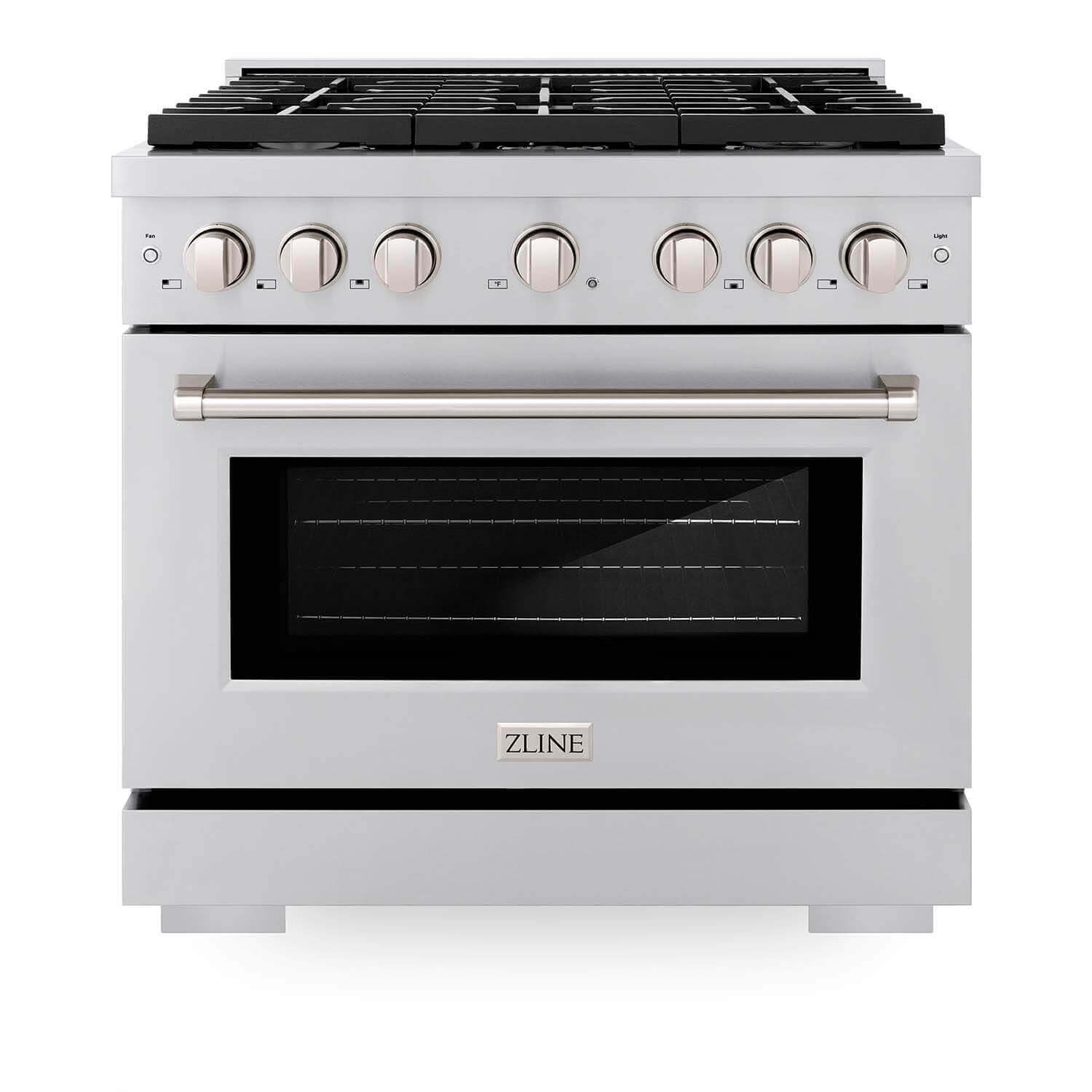 ZLINE 36 in. 5.2 cu. ft. 6 Burner Gas Range with Convection Gas Oven in Stainless Steel (SGR36) front, oven closed.